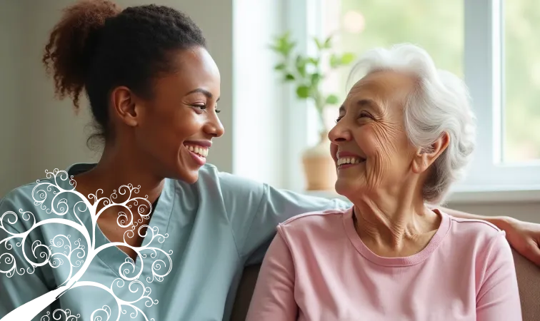 Two happy women smile