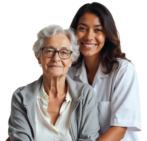 Two happy women smile